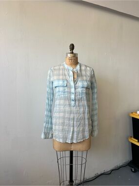 Vince Light Blue and White Plaid Button-Down Shirt